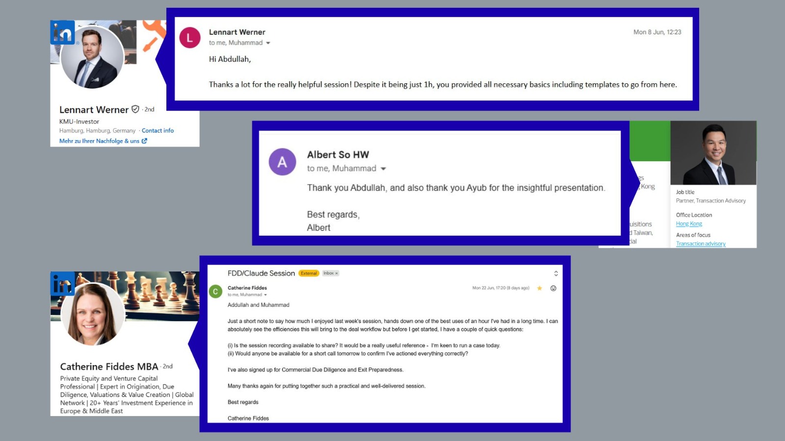 Additional LinkedIn and email testimonials from Morsebridge workshop attendees