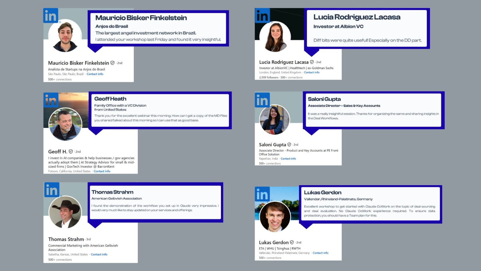 LinkedIn testimonials from investors after Morsebridge workshops